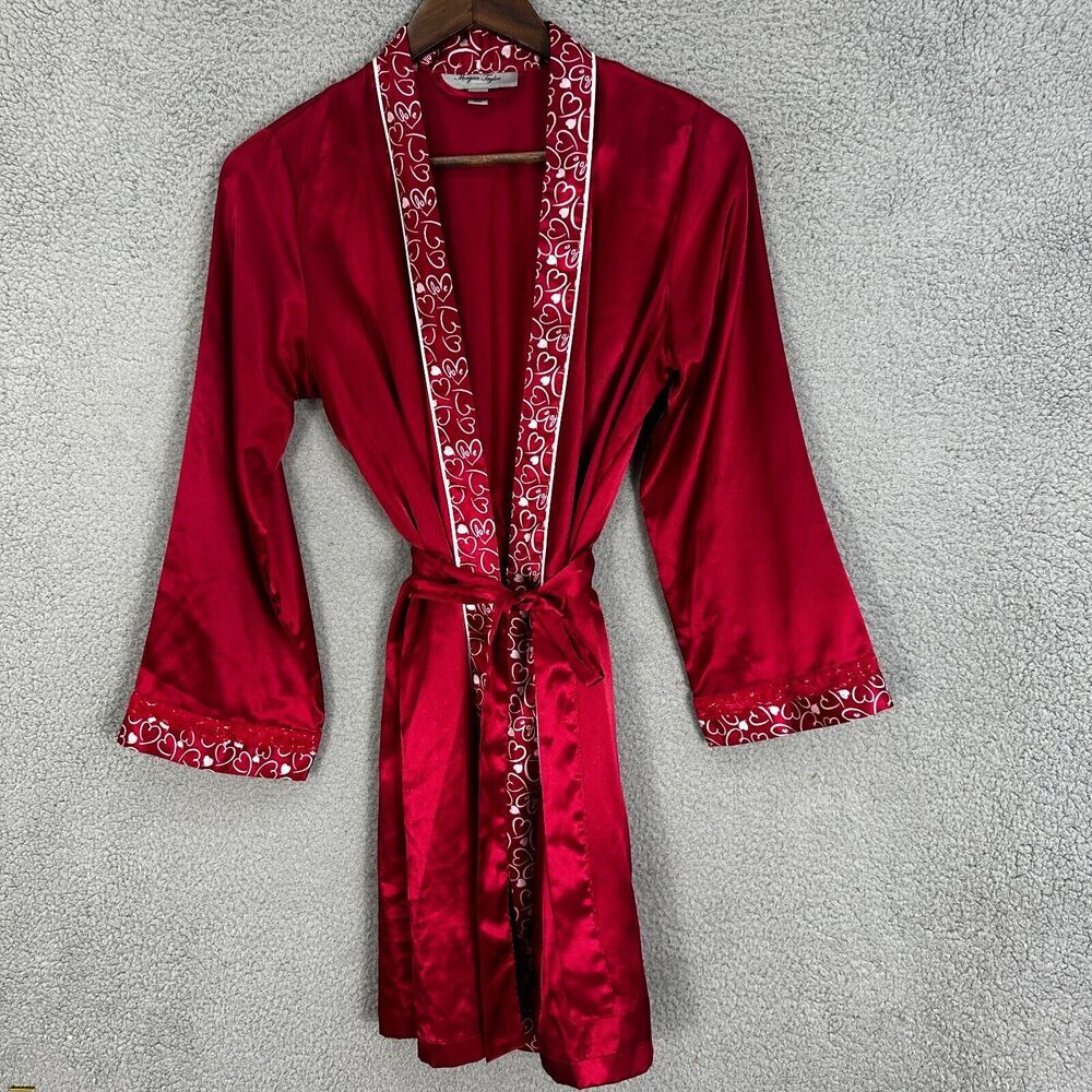 Morgan Taylor Intimates Robe Womens XS Red Satin Hearts Lace Romantic Feminine